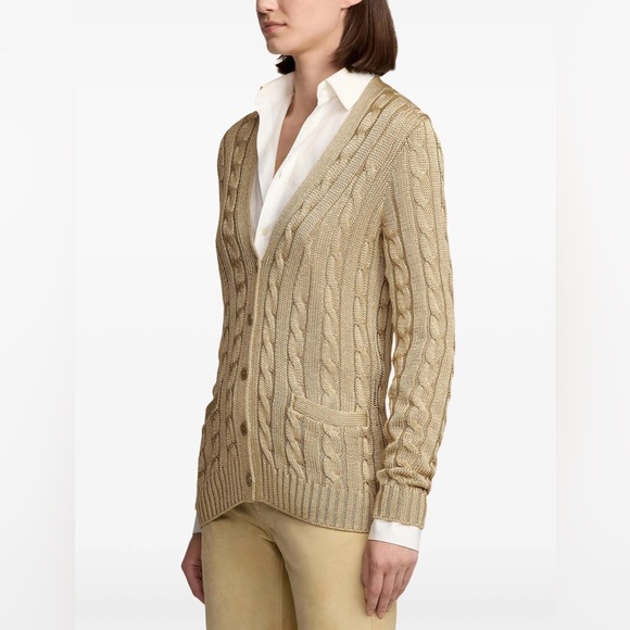RALPH LAUREN COLLECTION BROWN SILK CABLE KNIT CARDIGAN - Picture 4 of 11